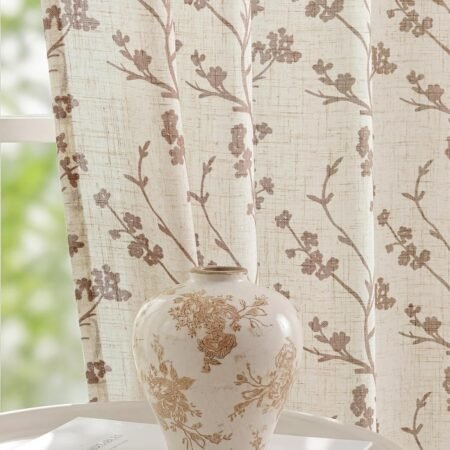 Light filtering curtains, floral linen, vintage farmhouse, back tab rod pocket, set of 2.