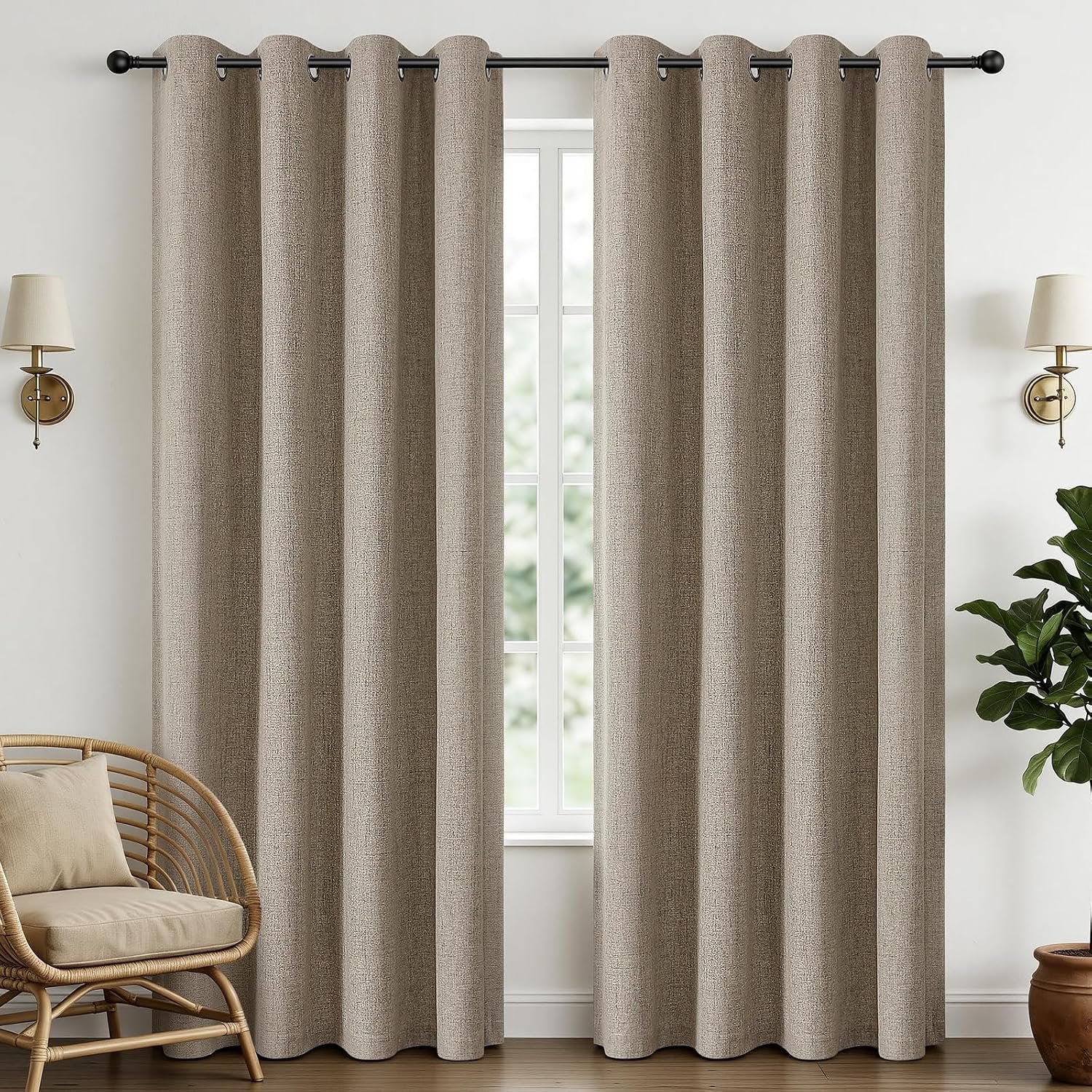 Textured cotton and linen blackout perforated curtain set (two pieces), temperature-regulating light-blocking living room and bedroom fabric soft furnishing, thick light-blocking home window decoration
