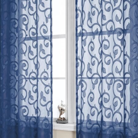 Blue Jacquard Cut-Work Semi-Sheer Rod-Pocket Curtain