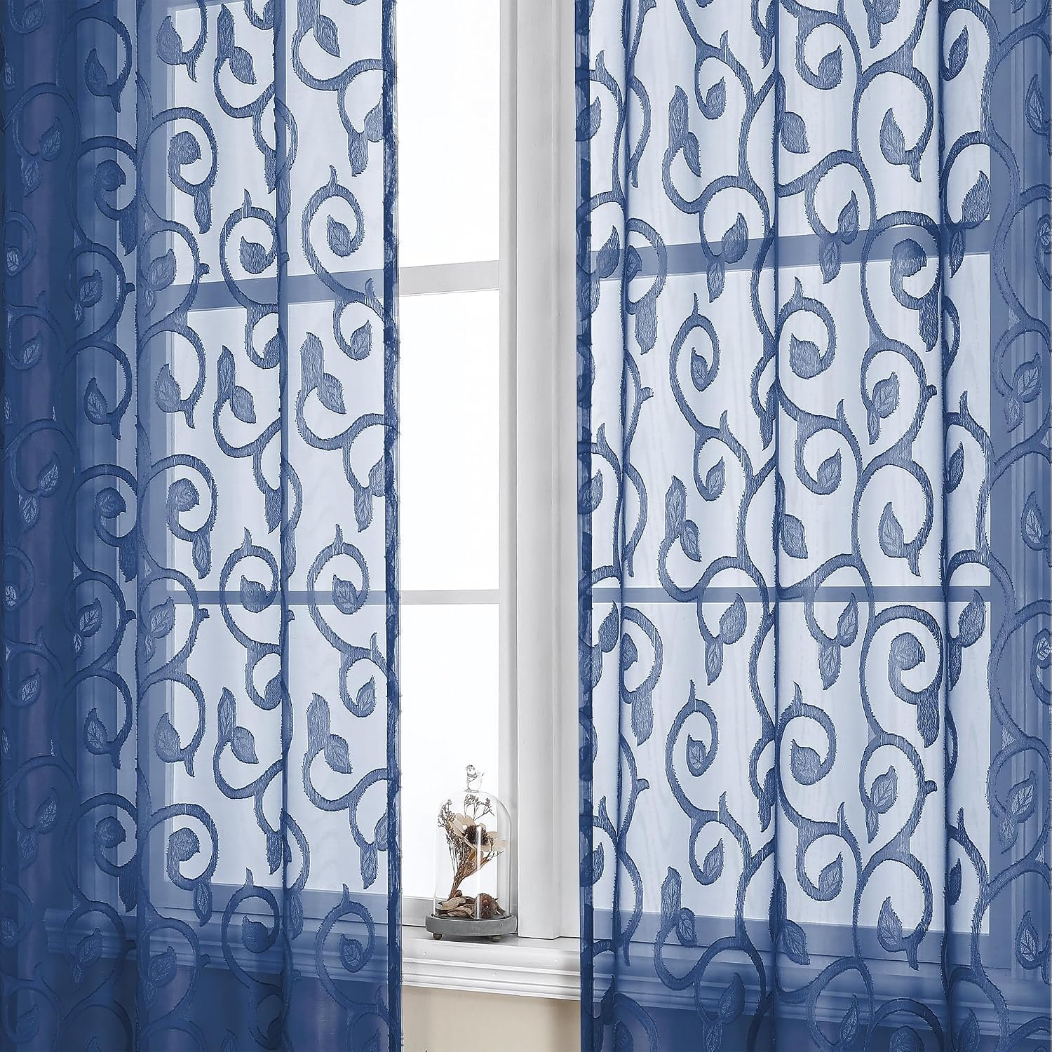 Blue Jacquard Cut-Work Semi-Sheer Rod-Pocket Curtain