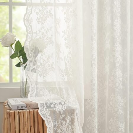 Sheer lace curtains, Victorian floral pattern, light filtering, rod pocket, set of 2.