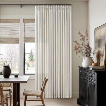 Linen semi sheer pinch pleat boho curtains, light filtering, pleated, for track system, single panel.