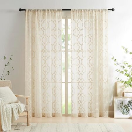 Beige Moroccan-Pattern Lace Sheer Curtain