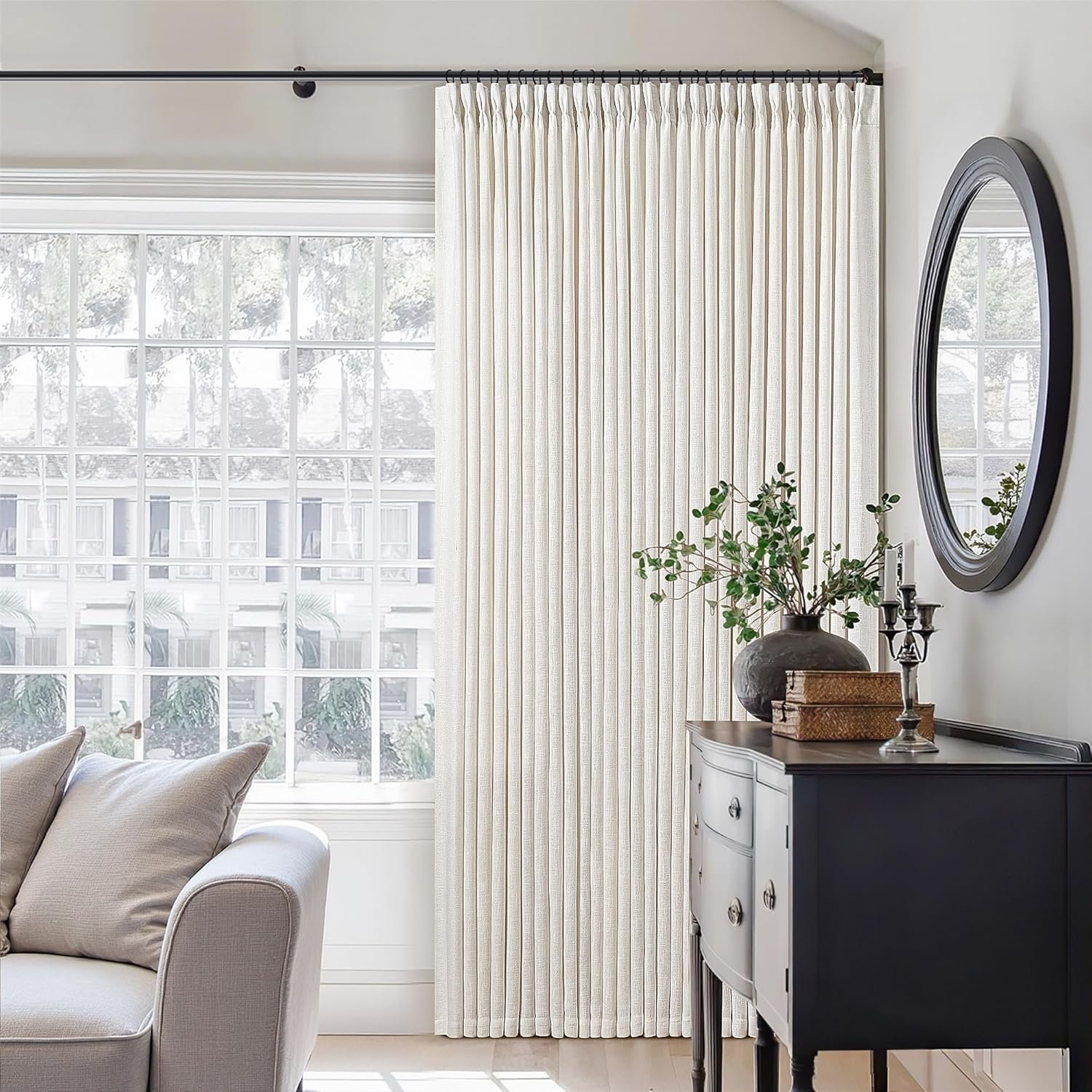 Shaped Three-Dimensional Pleated Cotton-Linen Semi-Sheer Curtain Two-Piece Set, Matching Hooks and Rings, Soft Light Fabric Curtain, Natural Texture Window Decoration for Living Room and Bedroom