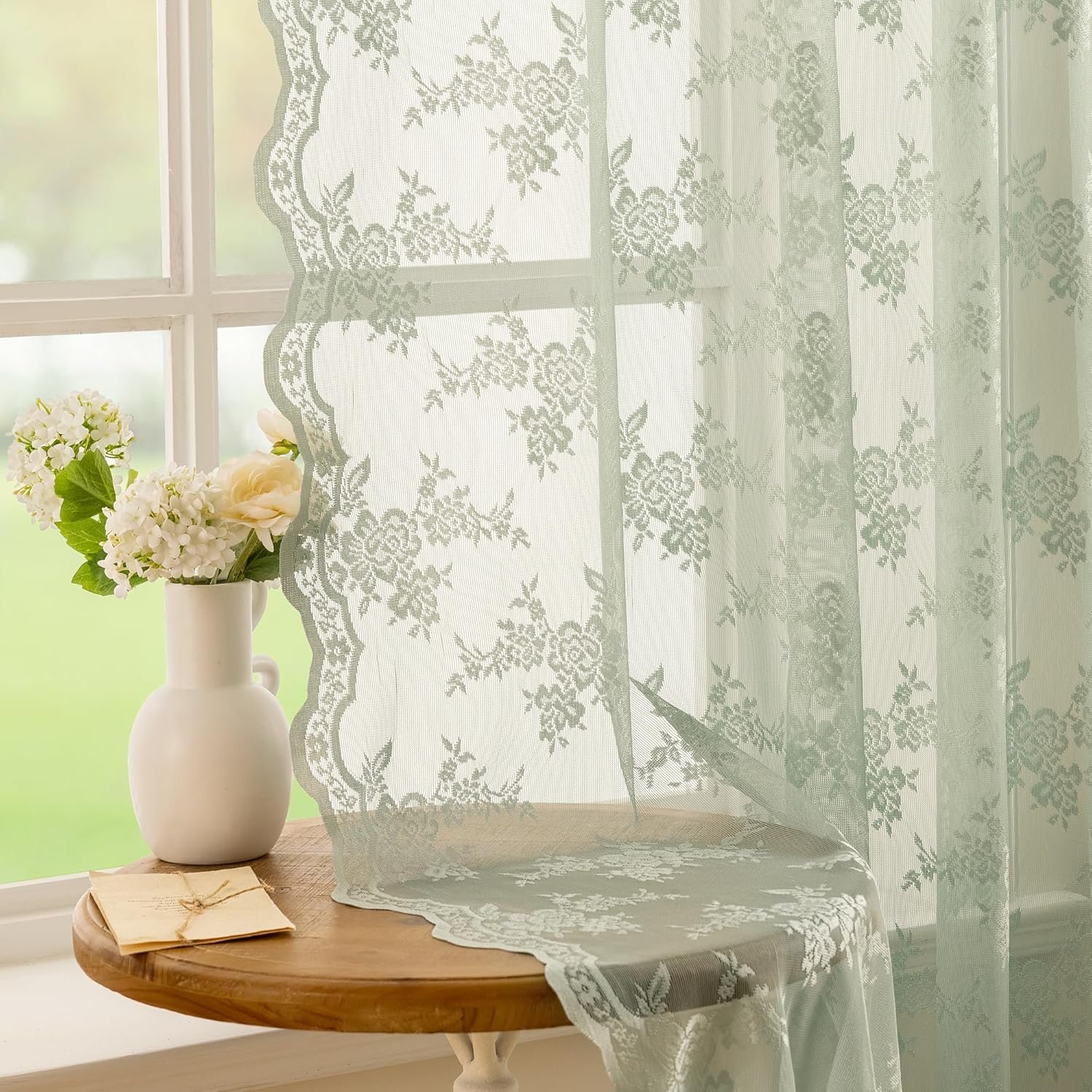 Sage Green Vintage Floral Lace Sheer Curtain