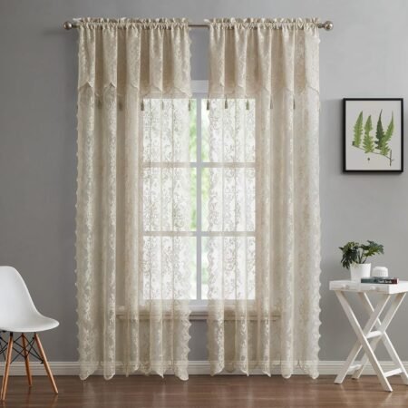 Linen-Colored English Rose Lace Curtain With Tassels