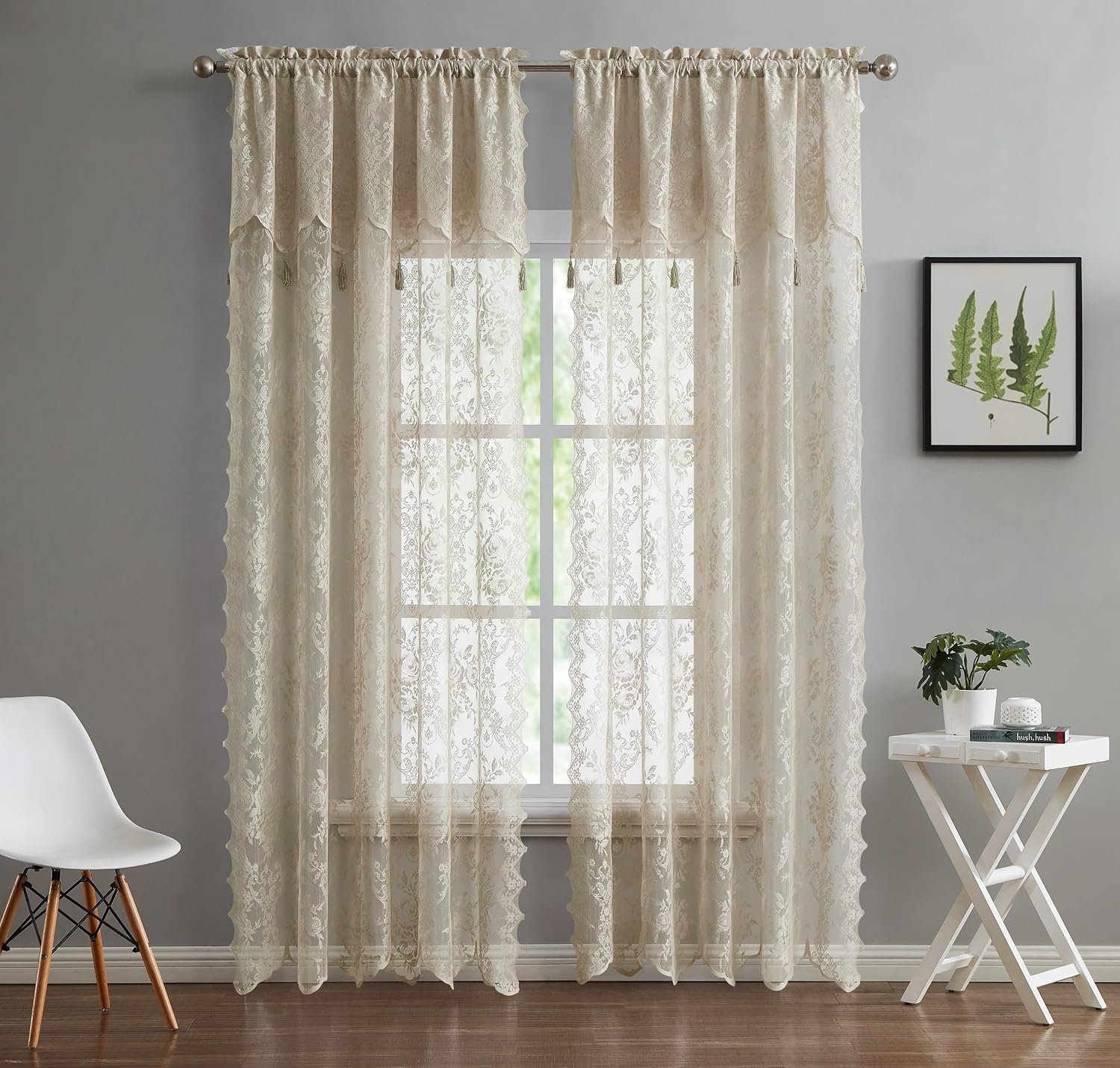 Linen-Colored English Rose Lace Curtain With Tassels