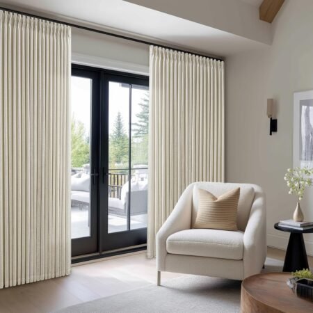 Widened, pleated linen curtains with soft light, long beige fabric hanging curtains for sliding doors and balconies, suitable for large windows and rustic interior design.