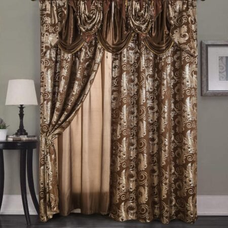 Jacquard curtains with attached valance, backing, set of 2.