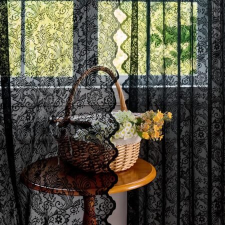 Black Vintage Floral Lace Semi-Sheer Curtain