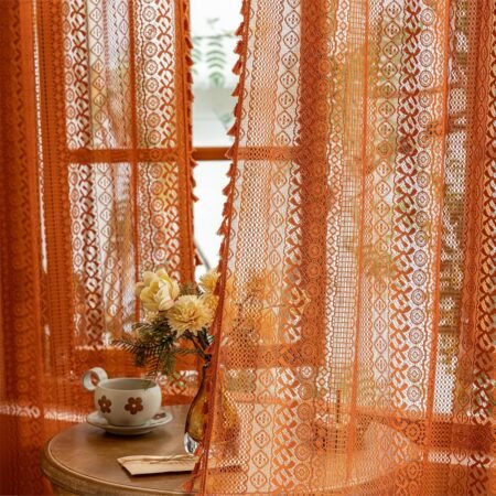 Boho lace curtains, sheer, rod pocket, crochet privacy, farmhouse vintage tassels, set of 2.
